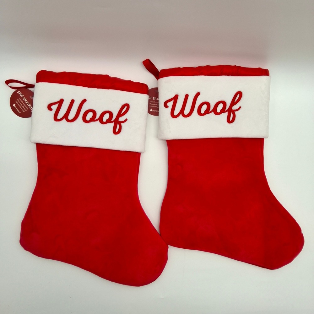 2 "Woof" Plush Christmas Stockings Red Plush/White Sherpa/Embroidered Dog Pet